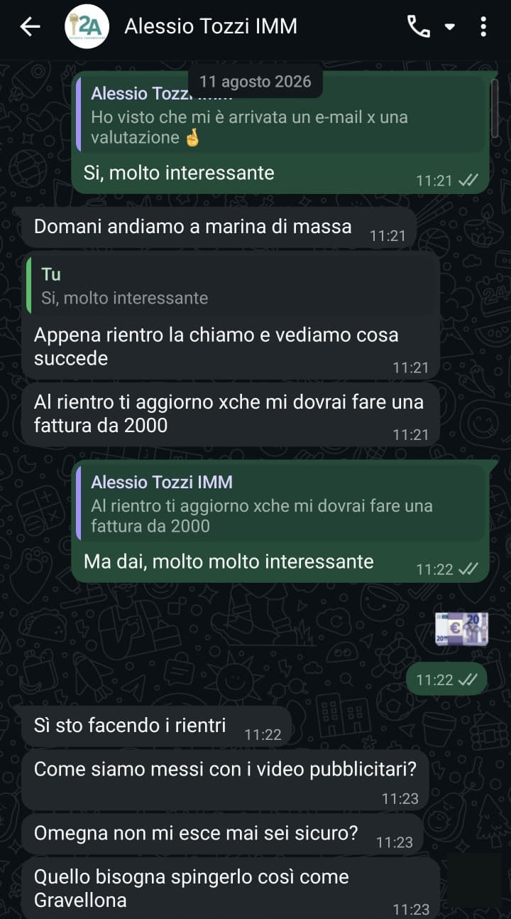 Conversazione WhatsApp dell'11 agosto 2026 con un agente cliente: parla di provvigioni da fatturare e chiede di ottimizzare le campagne su due sue zone.